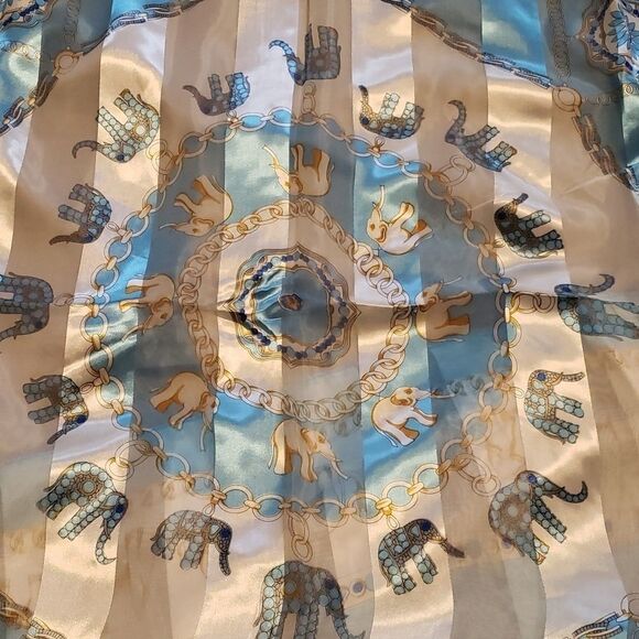 Blue White Gold Silk Elephant Scarf Wrap Ascot Neckcerchief accessory - Picture 2 of 2